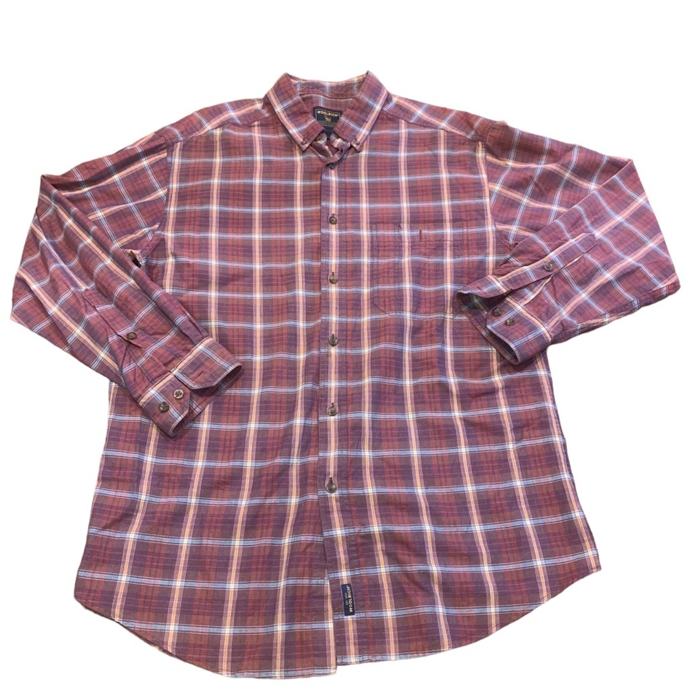 Men's Woolrich Rust Plaid Long‎ Sleeve Button Up Shirt Large Cotton Maroon